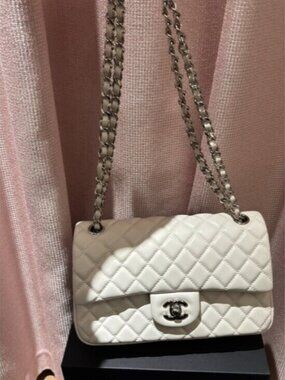 Chanel Medium Classic Flap White Lambskin Silver